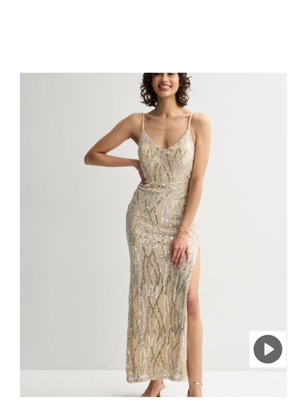 Gold Sequin Slip Maxi Dress with Side Slit - Brand: